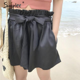 Simplee Ruched sashes high waist shorts women  Solid color pocket bud shorts Summer casual streatwear hot shorts