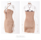 Kaywide Club Wear Lace Up Suede Bandage Dress Summer Halter Shealth Bodycon Women Sexy Party Dresses Backless Elegant Vestidos