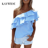 KAYWIDE 2017 Spring Women Blouse Series One Shoulder Ruffles Shirt Tops Summer Striped Shirt Sleeveless Blouse For Women A17201