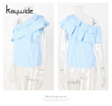 Kaywide 2017 Ruffles Off Shoulder Women Blouse Shirts Blue Pink Striped Irregular Sexy Tops Clothing Ladies Casual Summer Blusas