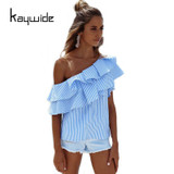 Kaywide 2017 Ruffles Off Shoulder Women Blouse Shirts Blue Pink Striped Irregular Sexy Tops Clothing Ladies Casual Summer Blusas