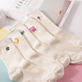 kawaii Women Embroidery White Socks Women's Cute Candy Moon Crossing Heart Chinese Love Korean Love Pattern Cotton Sock