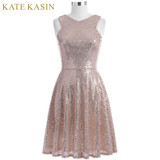 Kate Kasin Rose Gold Sequins Cocktail Dresses 2018 Knee Length Women Casual Party Short Dresses Robe de Cocktail Prom Gowns 1065