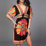 Kate Kasin Boho Summer Women Dress Sexy Sundresses Deep V Ethnic Floral Print Tunic Beach Dresses Robe Sexy Casual Silk Dress