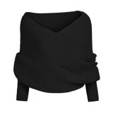 KASY Women Casual Winter Open Stitch Sweater Long Sleeve V neck Criss-Cross Short Black Sweters Fashion Pullovers Shrug Sweaters