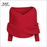 KASY Women Casual Winter Open Stitch Sweater Long Sleeve V neck Criss-Cross Short Black Sweters Fashion Pullovers Shrug Sweaters