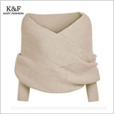 KASY Women Casual Winter Open Stitch Sweater Long Sleeve V neck Criss-Cross Short Black Sweters Fashion Pullovers Shrug Sweaters
