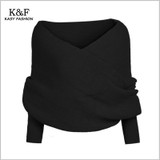 KASY Women Casual Winter Open Stitch Sweater Long Sleeve V neck Criss-Cross Short Black Sweters Fashion Pullovers Shrug Sweaters