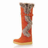 Karinluna Fashion Women Knee High Boots Hidden Wedges Faux Rabbit Fur Upper Platform Winter Fur Shoes Buckle Warm Snow Boots