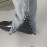 KANYE WEST Ripped Jeans Mens Fear Of God Boots Jeans men Blue Knee Hole Side Zipper Slim Distressed Jeans amy067