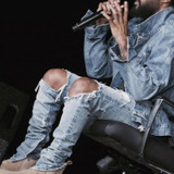 KANYE WEST Ripped Jeans Mens Fear Of God Boots Jeans men Blue Knee Hole Side Zipper Slim Distressed Jeans amy067