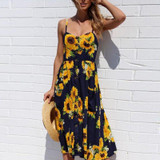 2018 Casual Boho Style Sunflower Pineapple Floral Print Summer Dress Women Beach Tunic V Neck Strap Backless Midi Vestidos