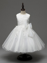 2018 Backlackgirl hot Cute Sleeveless Flowers Girls Dresses Bow Appliques For First Communion Lace Ball Gown Girls Evening Gown