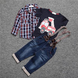 2018 baby clothes sets for baby boy summer suit with long sleeves plaid shirts + car printing t-shirt + jeans 3 pcs. Set TZK-206