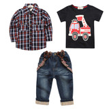 2018 baby clothes sets for baby boy summer suit with long sleeves plaid shirts + car printing t-shirt + jeans 3 pcs. Set TZK-206