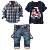 2018 baby clothes sets for baby boy summer suit with long sleeves plaid shirts + car printing t-shirt + jeans 3 pcs. Set TZK-206