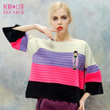 ELF SACK Women Winter Sweater Stripe Multicolour Pullovers Loose Flare Sleeve Sweet Girl's Tops Elegant Womens All-mach Sweaters