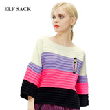 ELF SACK Women Winter Sweater Stripe Multicolour Pullovers Loose Flare Sleeve Sweet Girl's Tops Elegant Womens All-mach Sweaters