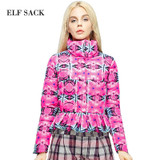 ELF SACK Women Winter Ultralight Stand Collar Long Sleeve Printed Pleated White Duck Down Jacket Coat