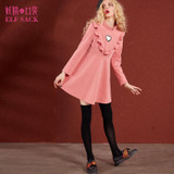 ELF SACK Women Winter New Pink Dress Ruffle Heart Appliques Long Sleeve Dresses Waisted Kawaii Long Sleeve Short Dresses
