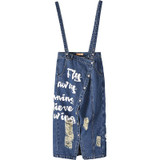 ELF SACK Women Denim Skirts Mixi Letter Prints Womens Hole Washed Denim Straight Skirts Female Strap Long Skirt Sexy Jeans Skirt