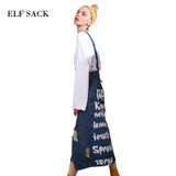 ELF SACK Women Denim Skirts Mixi Letter Prints Womens Hole Washed Denim Straight Skirts Female Strap Long Skirt Sexy Jeans Skirt