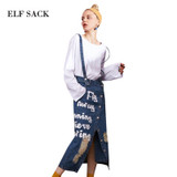 ELF SACK Women Denim Skirts Mixi Letter Prints Womens Hole Washed Denim Straight Skirts Female Strap Long Skirt Sexy Jeans Skirt