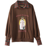 ELF SACK Women Fake Two Pieces Print Sweatshirts Womens Loose 2017 Autumn Pullovers Plaid Turn-down Collar Casual Sweatshirts