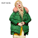 ELF SACK Winter Women Down Coats Plus Size low-high with a fur collar hood down coat medium-long female