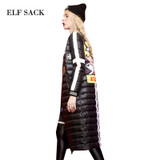 ELF SACK Winter Women Down Coats Fashion Letter Print Graffiti Long Outerwear Long-Sleeve Stripe Appliques Down Coats