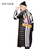 ELF SACK Winter Women Down Coats Fashion Letter Print Graffiti Long Outerwear Long-Sleeve Stripe Appliques Down Coats