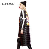 ELF SACK Winter Women Down Coats Fashion Letter Print Graffiti Long Outerwear Long-Sleeve Stripe Appliques Down Coats