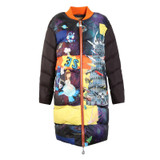 Elf SACK Winter doodle print color block rib knitting stand collar loose long design down coat