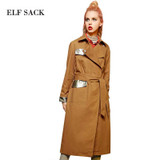 Elf SACK w lipstick autumn and winter street style outerwear PU patchwork design lacing long trench female