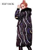 Elf SACK w magic female detachable fur collar with a hood loose thickening down coat female long design
