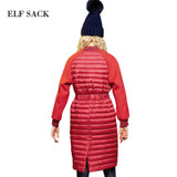 ELF SACK Solid Women Winter Patchwork Newest Stand Collar Slim Waist Down Coat Female Long Outerwear Down Coats Women Tops
