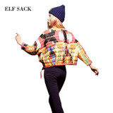 Elf SACK p 2016 autumn and winter national trend color block print down coat female short design