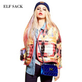 Elf SACK p 2016 autumn and winter national trend color block print down coat female short design