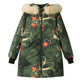 ELF SACK Long Thick Women Winter Down Coats 2017 Womens Green Print 80% White Duck Down Coats Fur Hooded Loose Outerwear Coats