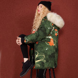 ELF SACK Long Thick Women Winter Down Coats 2017 Womens Green Print 80% White Duck Down Coats Fur Hooded Loose Outerwear Coats