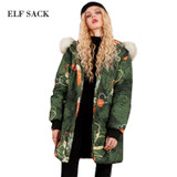ELF SACK Long Thick Women Winter Down Coats 2017 Womens Green Print 80% White Duck Down Coats Fur Hooded Loose Outerwear Coats