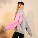 ELF SACK Embroidery Tiger Women Casual Sweatshirts Loose Pink Sweet Womens Tops Round Neck Fashion Pullovers
