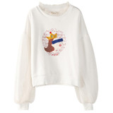 ELF SACK Autumn Women Lace Parchwork Sweatshirts Women Print Towel Embroidery Pullovers Female Loose Lantern Sleeve Sweatshirt