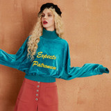 ELF SACK 2018 Spring Women Letter Embroidery Velvet Pullovers Womens Loose High Collar Cool Sweatshirts Girls Chic Tops