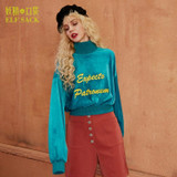 ELF SACK 2018 Spring Women Letter Embroidery Velvet Pullovers Womens Loose High Collar Cool Sweatshirts Girls Chic Tops