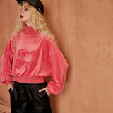 ELF SACK 2018 Spring Women Letter Embroidery Velvet Pullovers Womens Loose High Collar Cool Sweatshirts Girls Chic Tops
