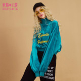 ELF SACK 2018 Spring Women Letter Embroidery Velvet Pullovers Womens Loose High Collar Cool Sweatshirts Girls Chic Tops