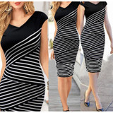 Elegant Women Summer V Neck Dress Black and white stripe Stitching Pencil Dresses Lady Knee-Length Party Bodycon Dress