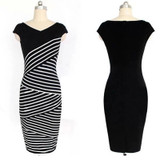 Elegant Women Summer V Neck Dress Black and white stripe Stitching Pencil Dresses Lady Knee-Length Party Bodycon Dress