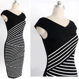 Elegant Women Summer V Neck Dress Black and white stripe Stitching Pencil Dresses Lady Knee-Length Party Bodycon Dress